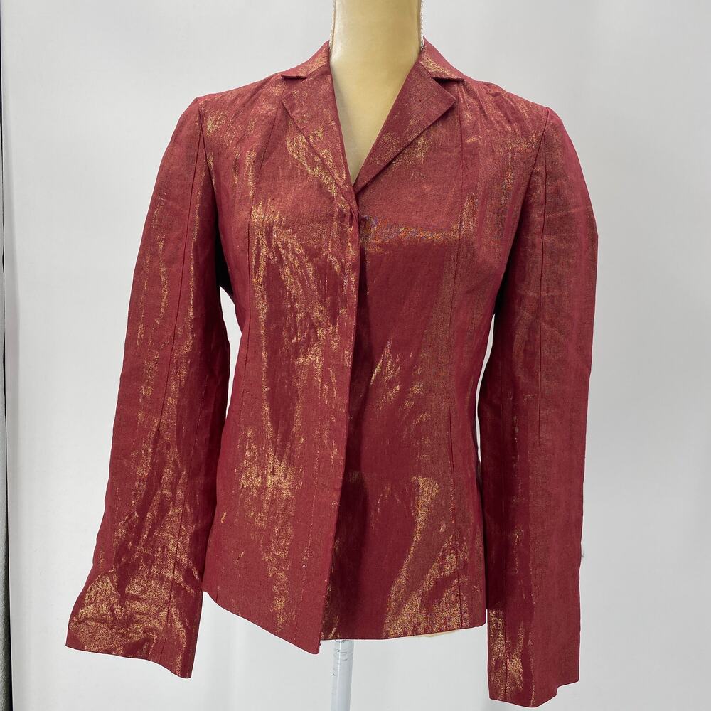 KENNETH COLE Womens Red Metallic Linen Snap Blazer Jacket Size 6 Shiny Festive